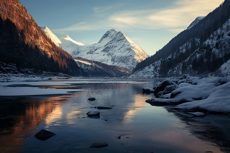 冰雪山峰下的湖泊背景图片