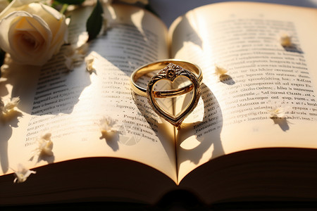 书本上的金色戒指背景图片