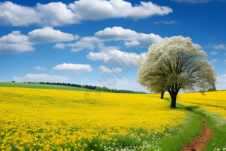 田野中的树木和黄花图片