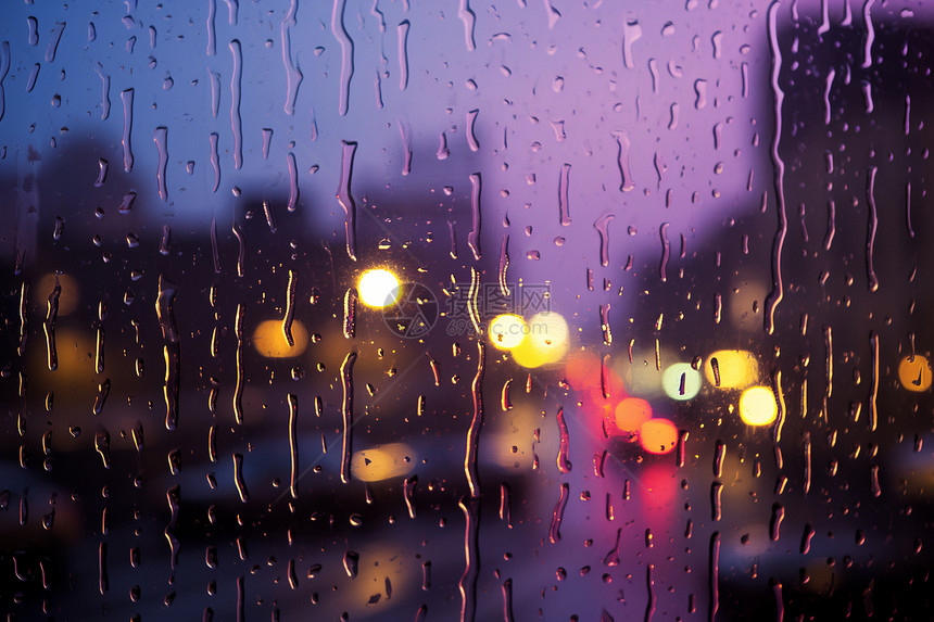 夜晚玻璃上的雨滴图片