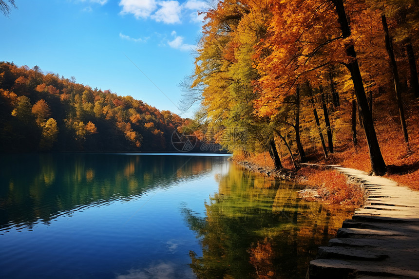 秋季户外的湖畔和路径图片