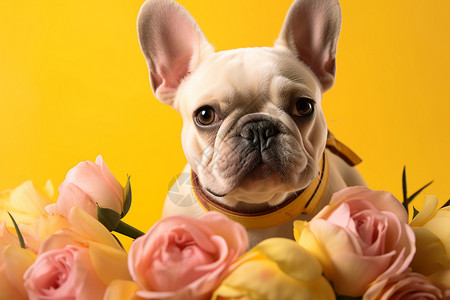 花朵中的小狗背景图片