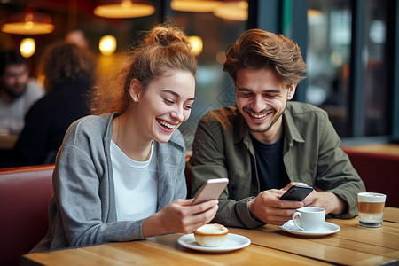 咖啡店看手机的情侣背景图片