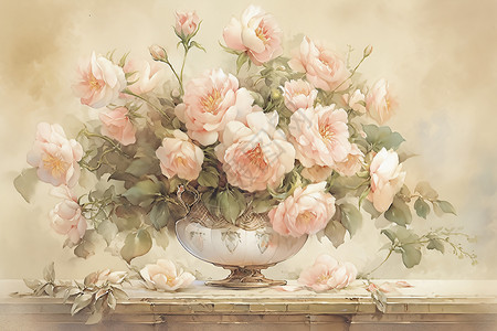 花瓶中玫瑰浪漫怀旧的花束插画