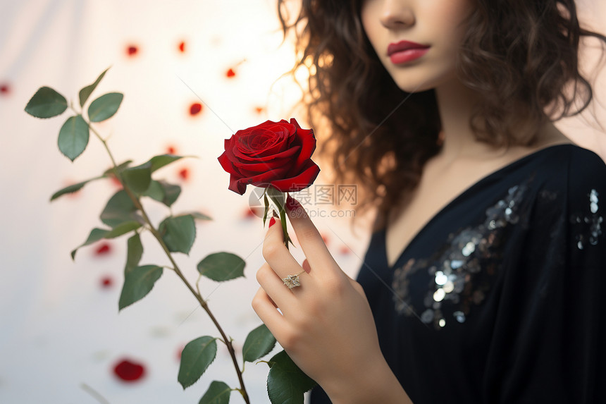 携玫瑰花的年轻女子图片