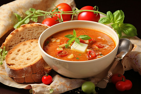 番茄汤与烤面包图片
