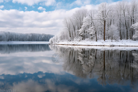 湖畔冬日景色图片