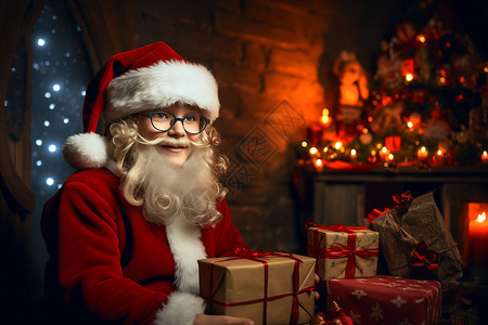 复古圣诞老人圣诞老人在壁炉前摆放礼物背景