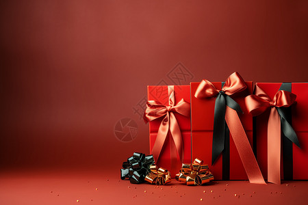 金色纸屑飘落红色礼物与黑色和金色蝴蝶结的组合金色纸屑点缀的红色背景背景