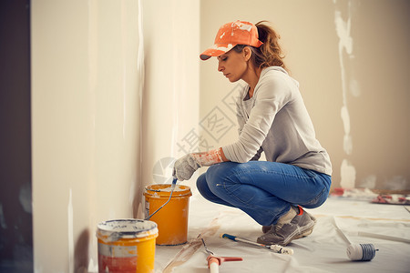 油漆墙刷用滚筒刷刷墙的女工背景