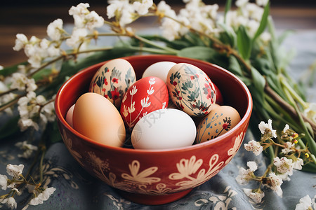 红色花纹彩蛋桌子上的鸡蛋和花卉背景