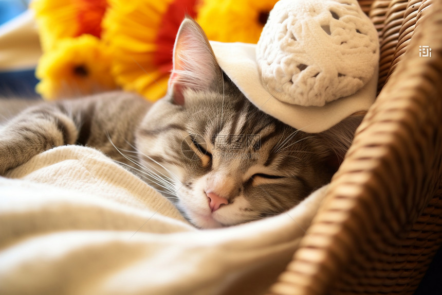 毯子上睡觉的小猫咪图片