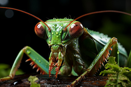 雨水中绿色螳螂高清图片
