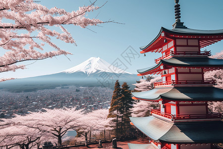 富士山下的樱花塔图片
