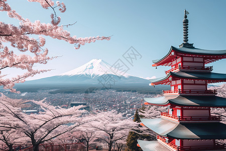 日本美丽富士山下的樱花背景