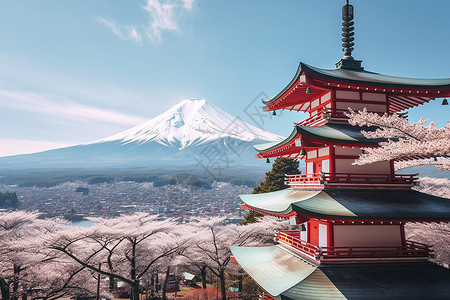 樱花山景下的寺庙高清图片
