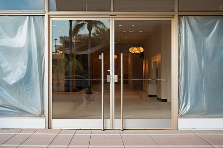 办公大楼入口商场的玻璃门背景