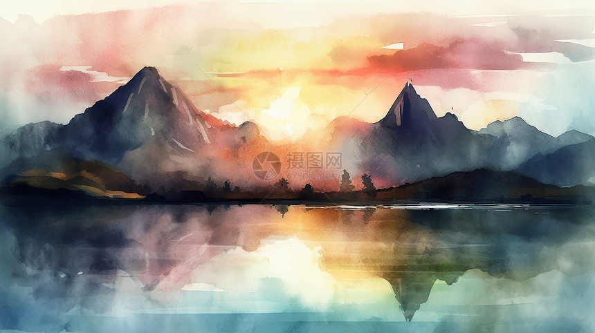 日落山水水彩画图片