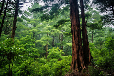 茂密的大树深山中的清新景色背景