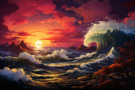 夕阳下的浩浩海浪背景图片