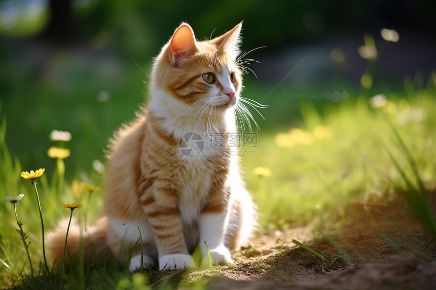 一只猫坐在草地上图片