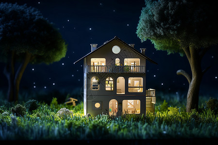 草地上的小屋模型背景图片