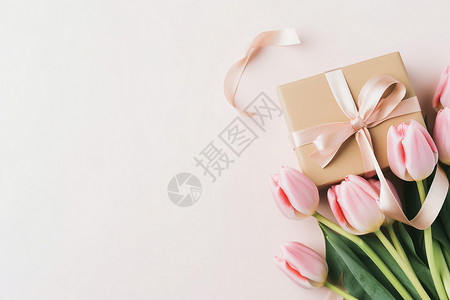 装饰礼物粉色丝带装饰的礼物盒和郁金香背景