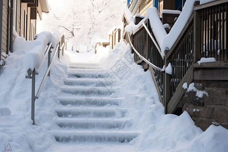 楼梯上厚厚积雪图片