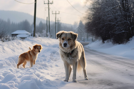 积雪路上积雪道路上的牧羊犬背景