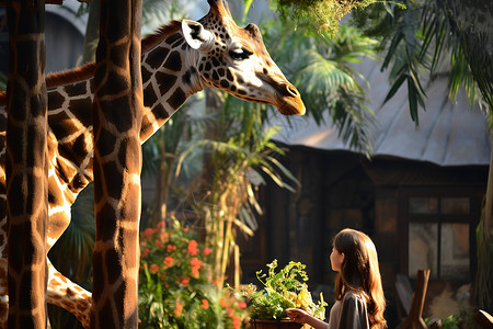 孩子在动物园观看长颈鹿图片