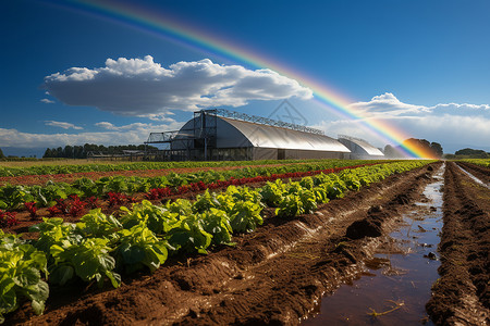 彩虹灌溉在绿色农作物上图片