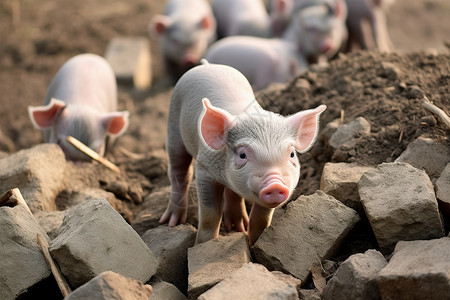 石头和泥土上的小猪背景图片