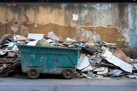 回收废品废墟中的垃圾箱背景