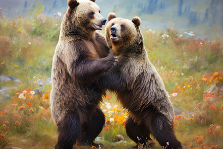 打架的棕熊野花地里棕熊高清图片