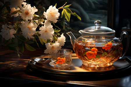 茶壶里的花茶和鲜花图片