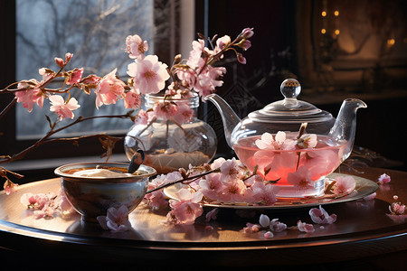 鲜花浇水壶托盘上的花茶壶背景