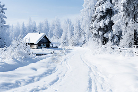 雪地车辙积雪覆盖的林间小屋背景