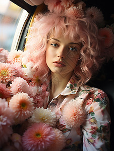 汽车里被鲜花簇拥的女孩图片