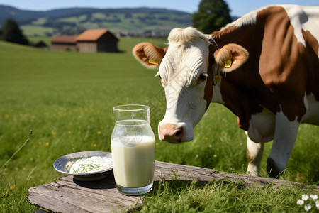 牧场里的奶牛和牛奶图片