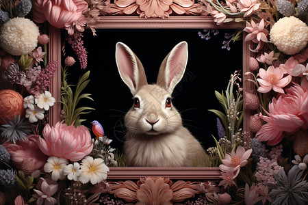 木头相框木头窗户里的兔子插画