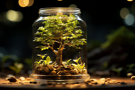 小盆景存钱罐里的树苗设计图片