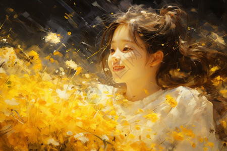 小女孩抱着金黄的野花图片