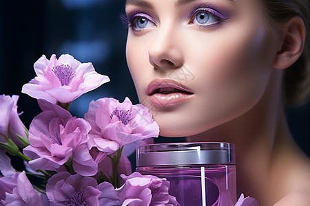 紫色的花和化妆品背景图片