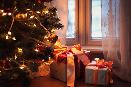 窗前的圣诞树下有礼物背景图片