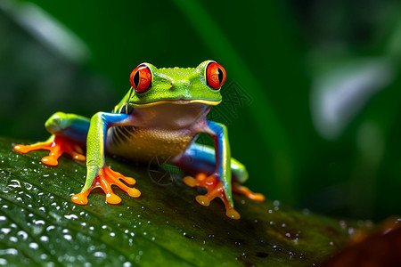 雨中动物红眼青蛙雨中坐在叶子上背景