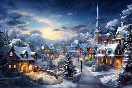 教堂白雪雪中冬日的童话村庄插画