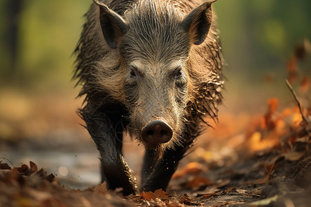 栗色野猪穿越秋日森林背景图片