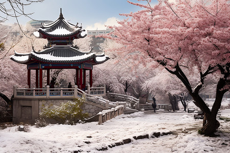 长春雪雪中桃花长春的冬日之美背景