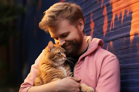 男子怀抱猫咪高清图片