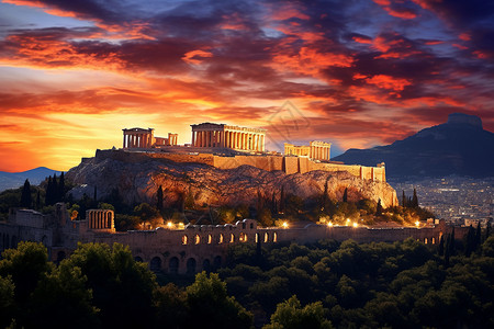 希腊山日落美景背景